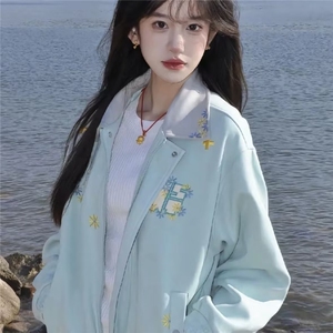 wx101-P70秋季浅蓝色小花刺绣外套女2025新款美式复古百搭