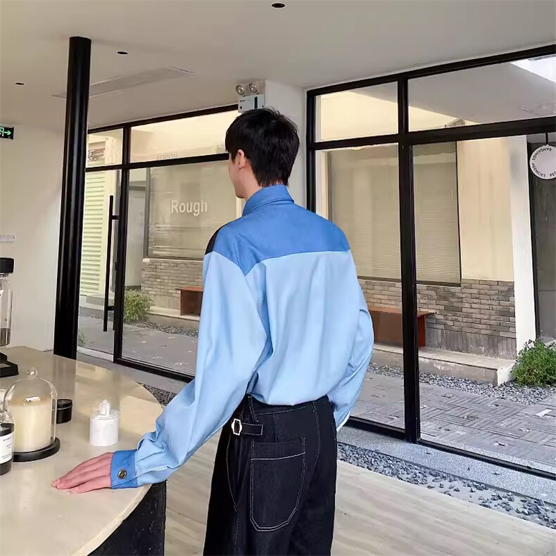 春季新款牛仔撞色翻领长袖男衬衣潮流痞帅休闲衬衣男C201,男装衬衫,电商A345