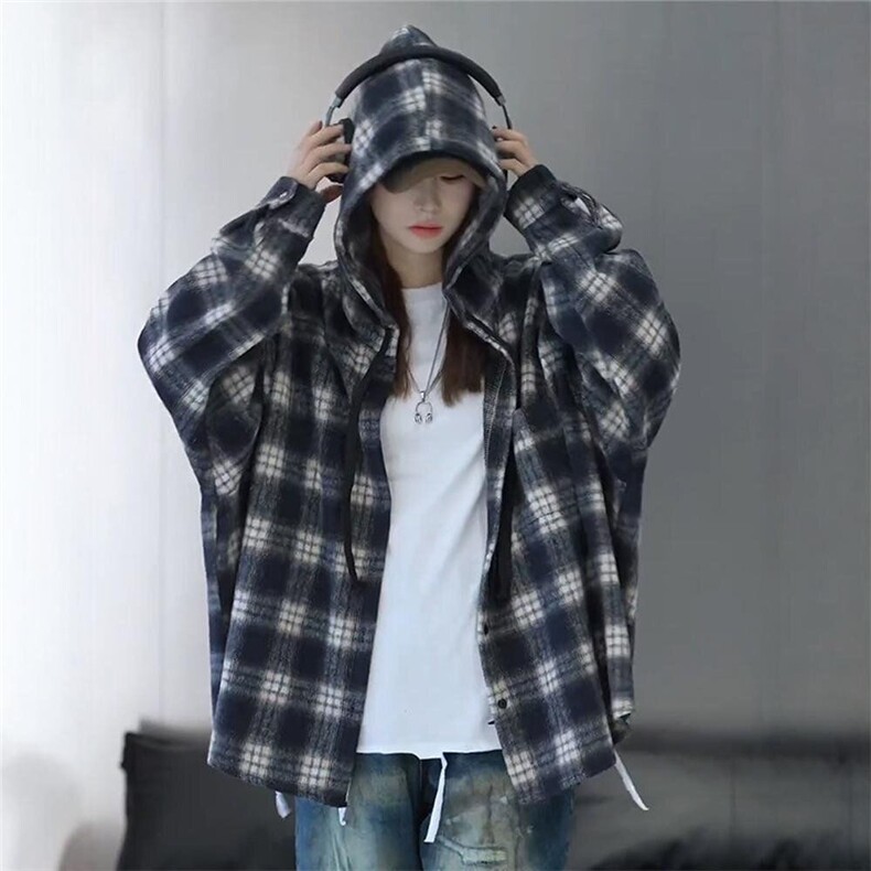 C144-P36港味格子连帽衬衫外套男女秋季2025年新宽松慵懒风，男装衬衫，电商B323A