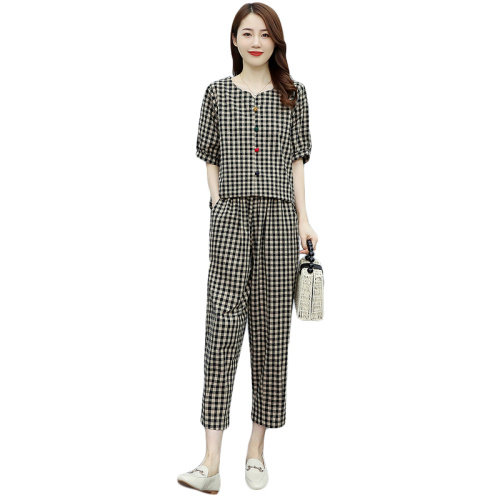 时尚棉麻格子套装女夏大码减龄T恤七分哈伦裤休闲亚麻两件套,女装套装/套裙,悠米