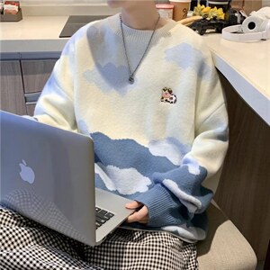 软糯毛衣男秋季韩版潮流宽松圆领针织衫ins港风日系外套5053-p40图片