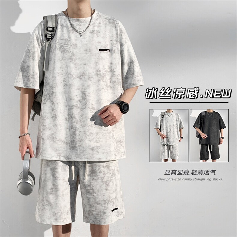 特批P55无差价2025夏季美式高级感扎染短袖T恤短裤套装男TZ5358,男装牛仔裤,电商A001-1