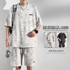 特批P55无差价2025夏季美式高级感扎染短袖T恤短裤套装男TZ5358，男装牛仔裤，电商A001-1