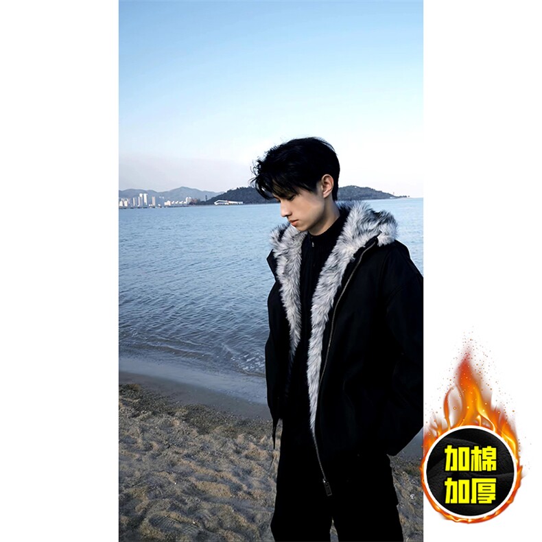 现货高品质美式高街重磅狼王座山雕毛毛领假两件棉衣加厚棉服外套，男装棉衣，电商A486-1