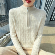 半高领加厚高端山羊绒衫女拉链麻花针织长袖毛衣宽松打底羊毛上衣，女装羊绒衫，更慕羊绒