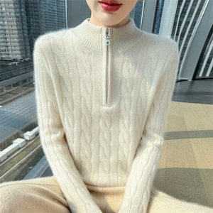 半高领加厚高端山羊绒衫女拉链麻花针织长袖毛衣宽松打底羊毛上衣图片