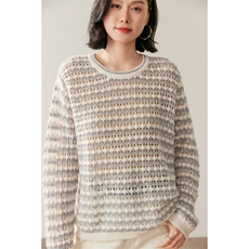 秋季新款镂空条纹圆领针织珊时尚休闲百搭，女装针织衫/毛衣，鸥蕊娅羊绒