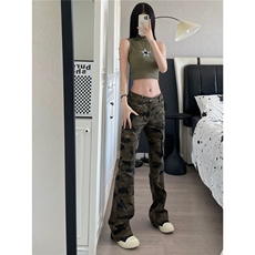 网图现货美式复古迷彩多口袋修身工装高街微喇牛仔长裤K5122/P55，男装工装外套，星座205-3