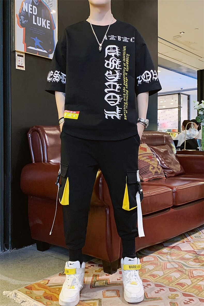 夏季新款男士运动休闲短袖T恤套装印花宽松半袖体恤男装F173P75,男装休闲套装,电商A086