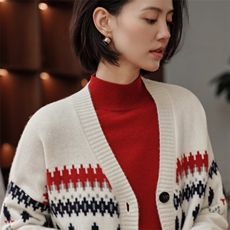重工费尔岛提花~宽松100%纯山羊绒开衫2025秋冬V领女加厚针织外套，女装羊绒衫，绒知纯羊绒