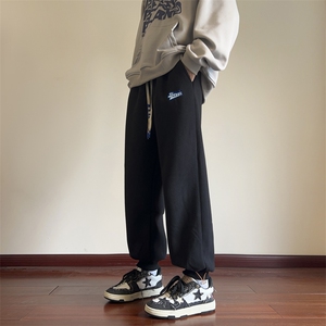 摇粒绒裤子男款秋冬季美式潮牌加绒加厚宽松束脚男生运动休闲长裤图片