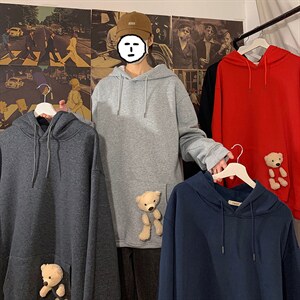 2021冬季新海报港风大码男女加绒加厚送小熊网红连帽卫衣W5205P55图片