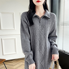 中长款100%纯羊毛衫女半开拉链菱形扭花针织毛衣宽松羊绒打底长裙，女装羊毛衫，蒙莲贝斯