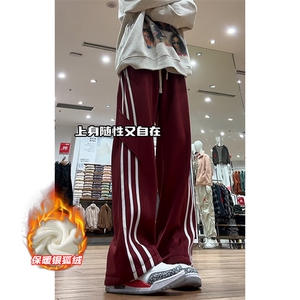 美式高街裤子男冬季新款潮牌三条杠条纹加绒加厚阔腿拖地运动卫裤图片