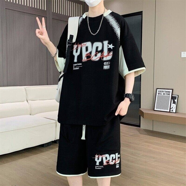 TZ25336-P55夏季休闲T恤短裤男两件套青少年学生运动短袖套装图片