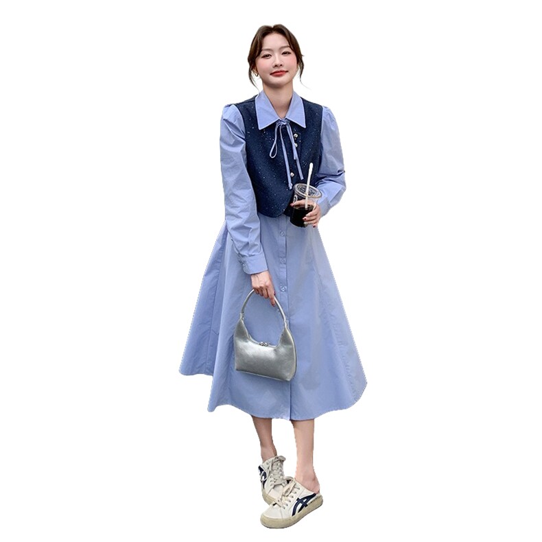 2025年春季新款假两件蓝色连衣裙203P155K228,女装连衣裙,帛锦泉