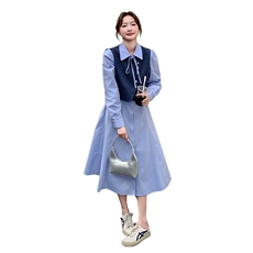2025年春季新款假两件蓝色连衣裙203P155K228，女装连衣裙，帛锦泉