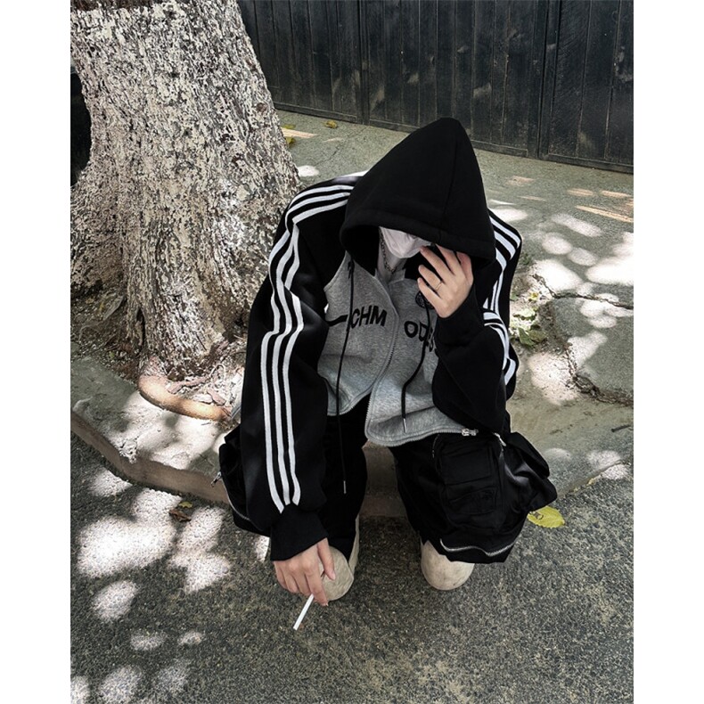 现货！25春秋高克重三条杠拼接插肩袖拉链连帽开衫卫衣WY19-P88,男装卫衣,电商B288