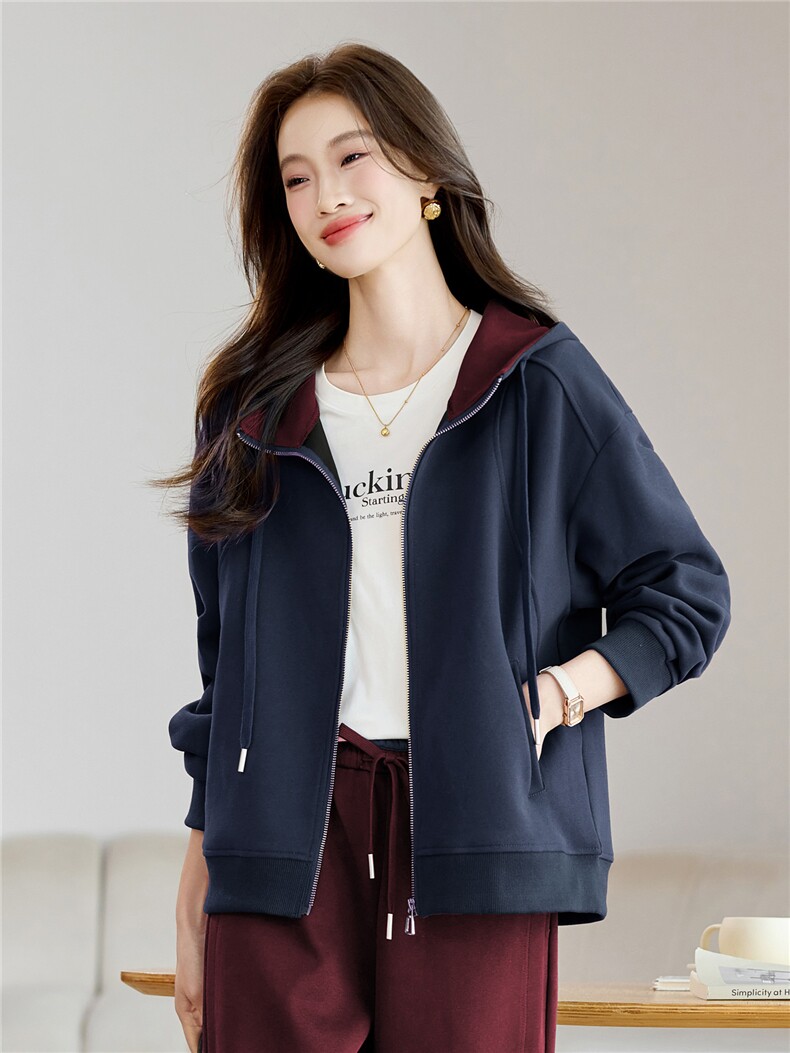 长期有大货卫衣开衫外套女2026春秋宽松安可拉红连帽显瘦气质上衣,女装短外套,璐依舞