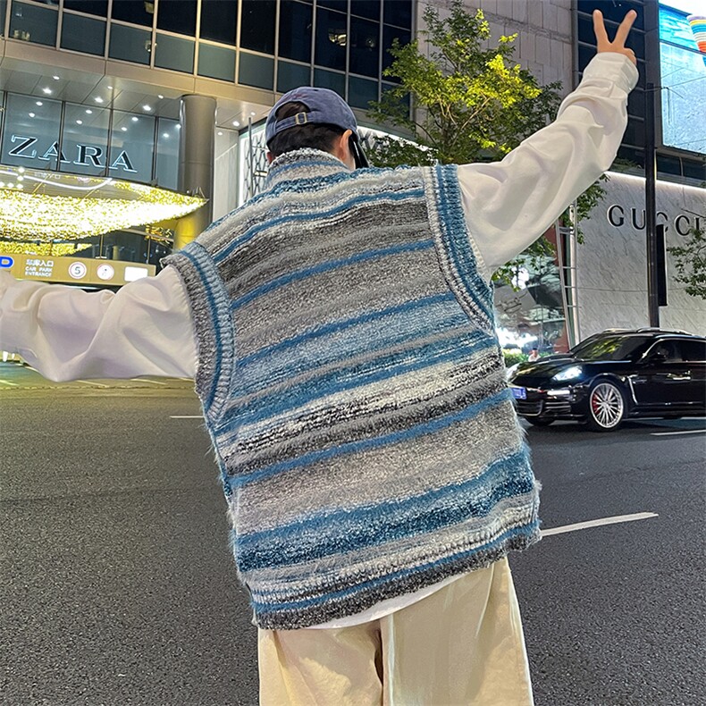 秋男V领开衫毛衣条纹针织衫无袖马甲背心单排扣渐变外套M325P60,男装针织衫/毛衣,星座1013-1