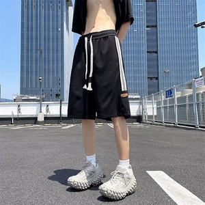 织带条纹菠萝格运动短裤男夏季休闲中裤宽松阔腿五分裤子E136/P35图片