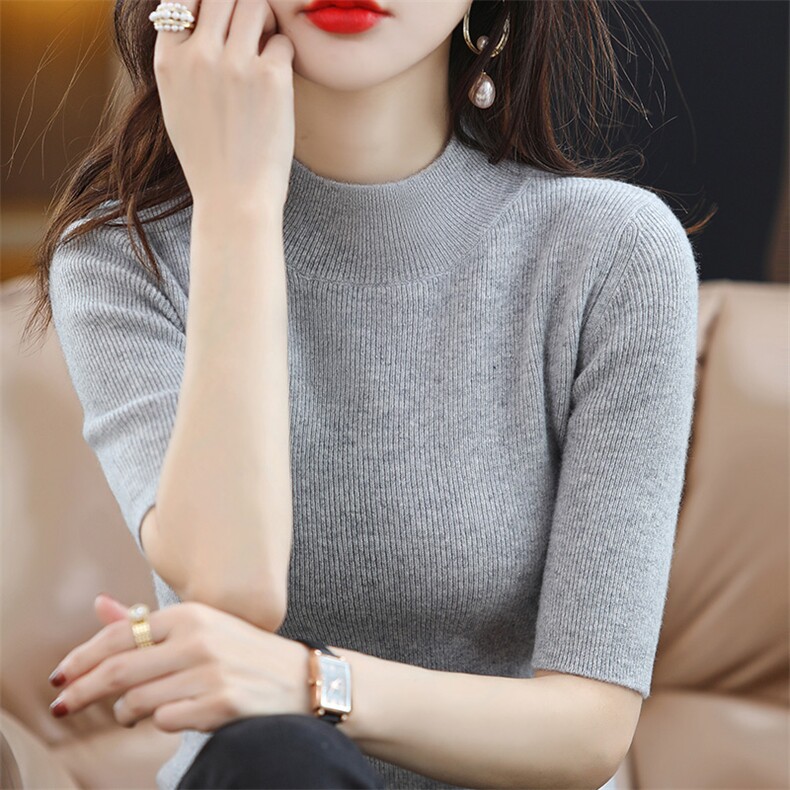 半高领毛衣女内搭2024秋新款修身显瘦中袖紧身短款,针织衫/毛衣,皓宇羊绒