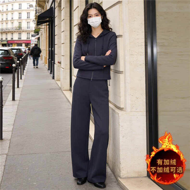 欧货时尚休闲运动套装秋冬新款女连帽拉链开衫卫衣直筒长裤两件套，女装套装/套裙，江南