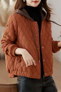 轻薄加棉外套女短款2025春秋新款宽松小个子菱形格连帽小棉衣棉服图片