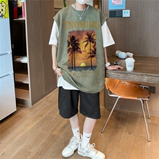 直播美式麂皮绒宽松背心无袖t恤短裤大码两件套套装TZ98-P58，男装T恤，电商A486