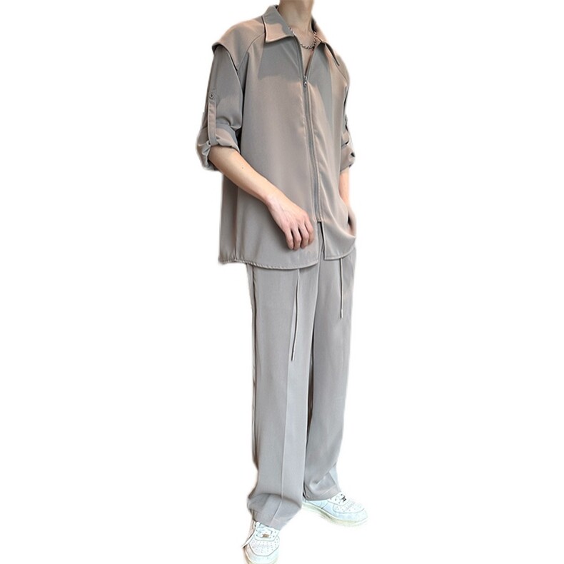 抖音品质春夏两穿韩版痞帅衬衫冰丝套装潮流西裤白B285-Tz701P120，男装衬衫，电商B285