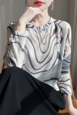 春秋款莱赛尔天丝针织长袖毛衣女圆领爱心拼色印花上衣宽松打底衫，女装蕾丝衫/雪纺衫，羊特美羊绒