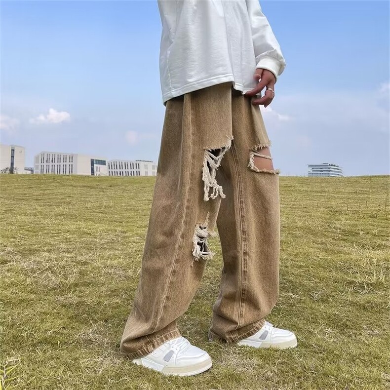 高街复古破洞牛仔裤男夏季阔腿裤宽松直筒裤水洗做旧裤子5401-p47,男装牛仔裤,星座1008-1