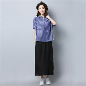 条纹 优雅 韩版 方领 套头 2021年夏季 短袖 修身 显瘦 甜美 衬衫图片