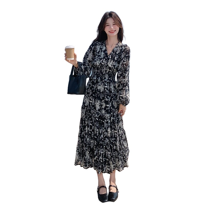法式减龄收腰V领碎花连衣裙女春秋2025新款流行爆款漂亮洋气长裙,女装连衣裙,2C375