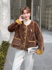 圆领撞色拼接皮毛一体外套女2025秋季夏季时尚百搭小个子显瘦上衣，女装短外套，韩蜜菓