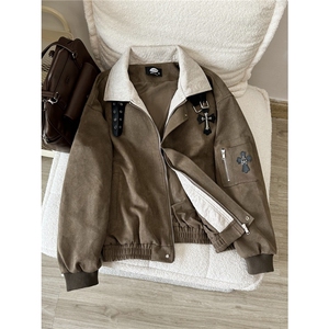 美式十字架贴皮刺绣翻领外套2026新款男女潮牌宽松撞色拼接夹克,粉紫发色怎么搭配衣服图片