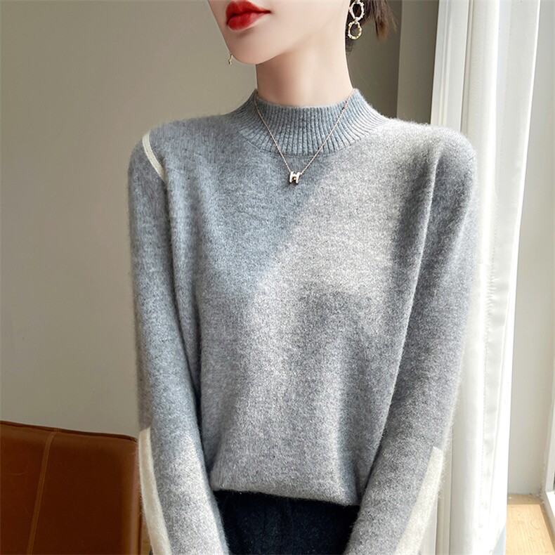 时尚百搭女士羊毛拼色高领今年流行漂亮内搭打底衫冬女毛衣针织衫,女装羊毛衫,郡淞羊绒
