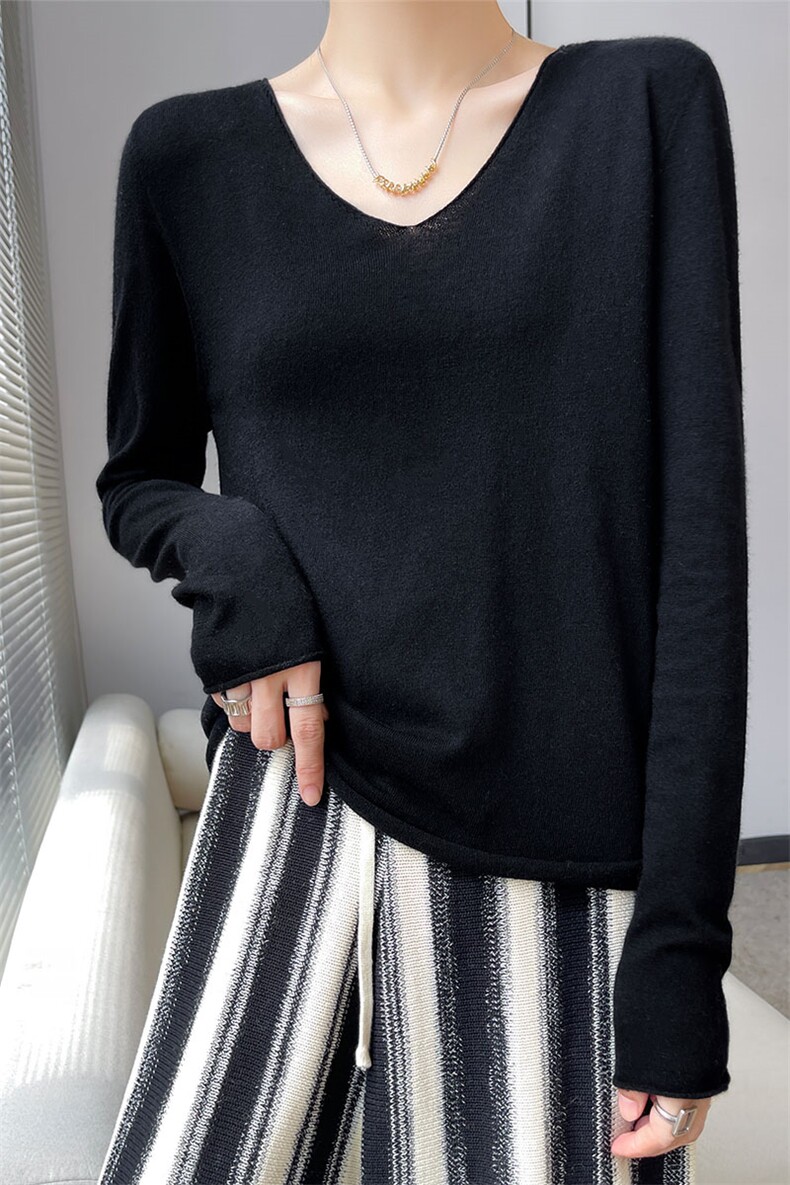V领打底衫女春夏薄款透气外穿长袖毛衣2025年新款宽松百搭针织衫,女装羊毛衫,越洋羊