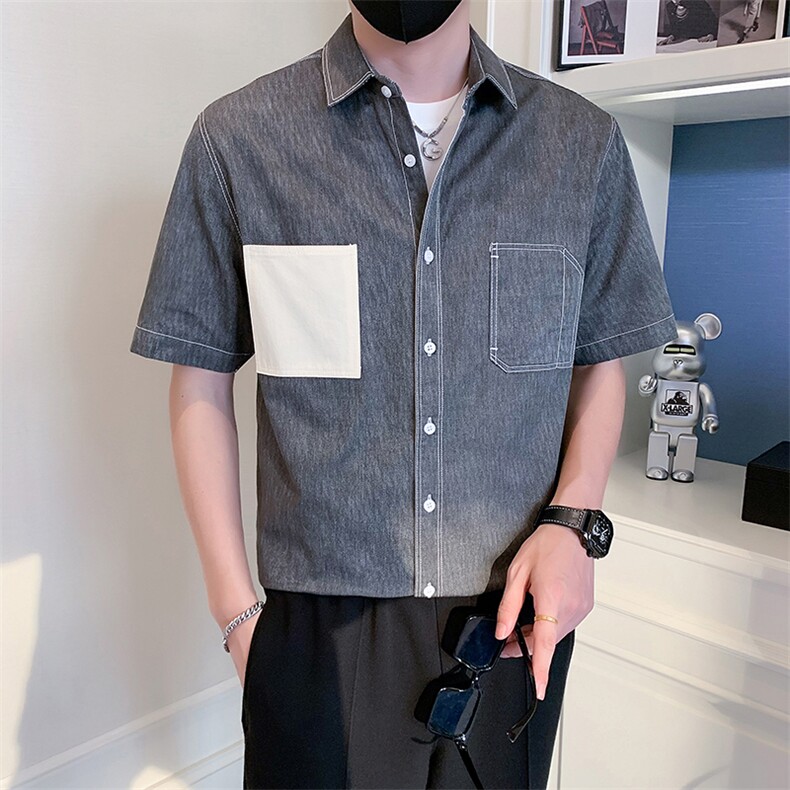 2025新款夏季牛仔衬衫男士短袖潮牌工装男士衬衣A313-1-W515-P58,男装T恤,电商A313-1