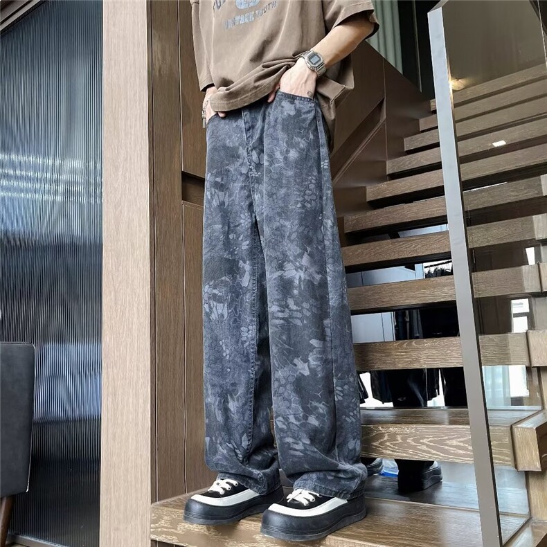 2025牛仔裤男款新款美式复古帆布蛇纹水洗直筒阔腿弯刀裤,男装牛仔裤,星座516A