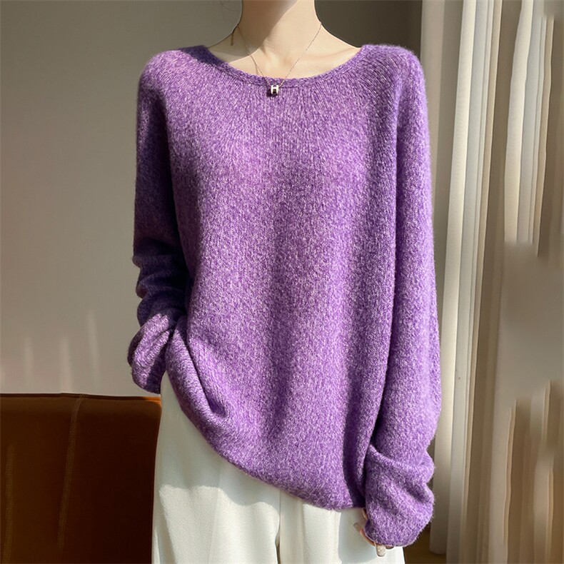 秋冬花纱圆领100%纯山羊绒衫女软糯宽松大码慵懒毛衣针织打底上衣，女装卫衣/绒衫，多娇羊绒