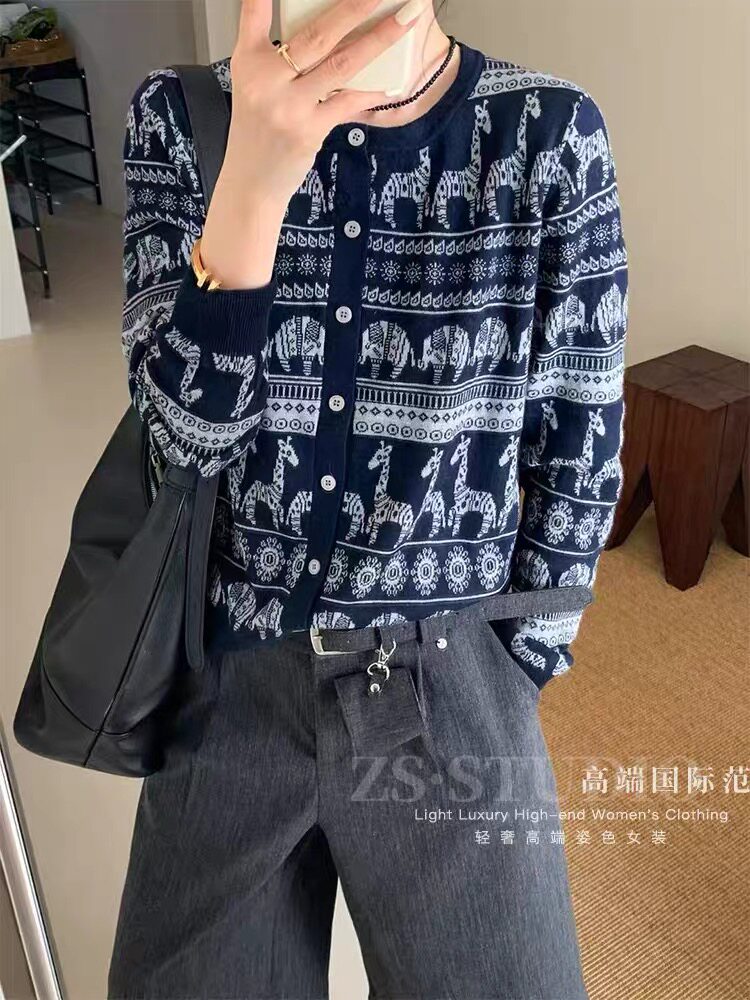 法式高端费尔岛提花毛针织开衫女2025新款长袖毛衣外套叠穿上衣潮图片