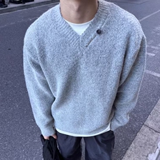 M222-特P60灰色设计感松弛感V领针织衫宽松毛衣，男装针织衫/毛衣，星座1501-3