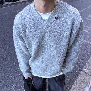 M222-特P60 灰色设计感松弛感V领针织衫宽松毛衣图片