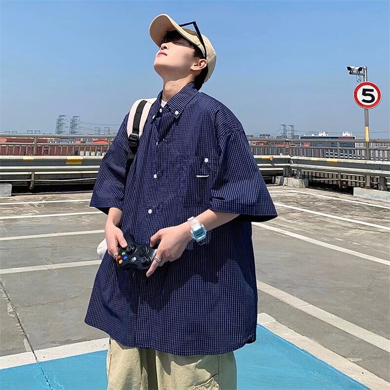 港风日系潮牌条纹格子衬衫男短袖宽松工装半袖衬衣外套C55,男装衬衫,星座1116A-1（原606A）