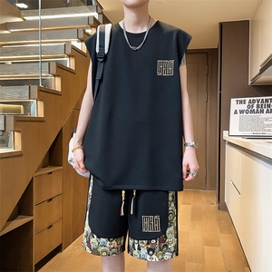无袖T恤两件套短裤小熊夏季刺绣休闲运动套装男A266-TZ1108-P46图片