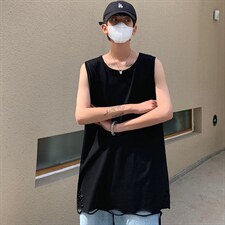 2025夏季马甲港风大码男双纱重磅破洞情侣无袖汗背心T264/P35控55,男装背心/马甲,星座608A