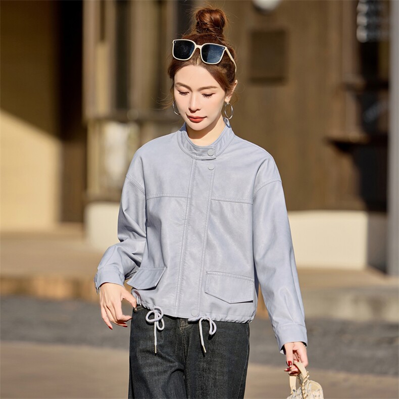 皮衣外套女秋秋2025新款小个子短款宽松时尚休闲PU皮夹克圆领上衣,女装皮衣,简古