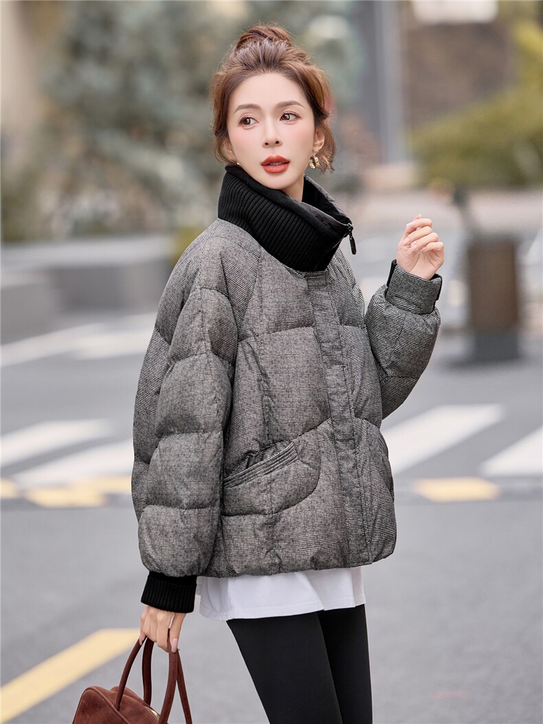 时尚个性格子立领白鸭绒羽绒服女2025冬季新款保暖防寒羽绒外套潮,女装羽绒服,余墨
