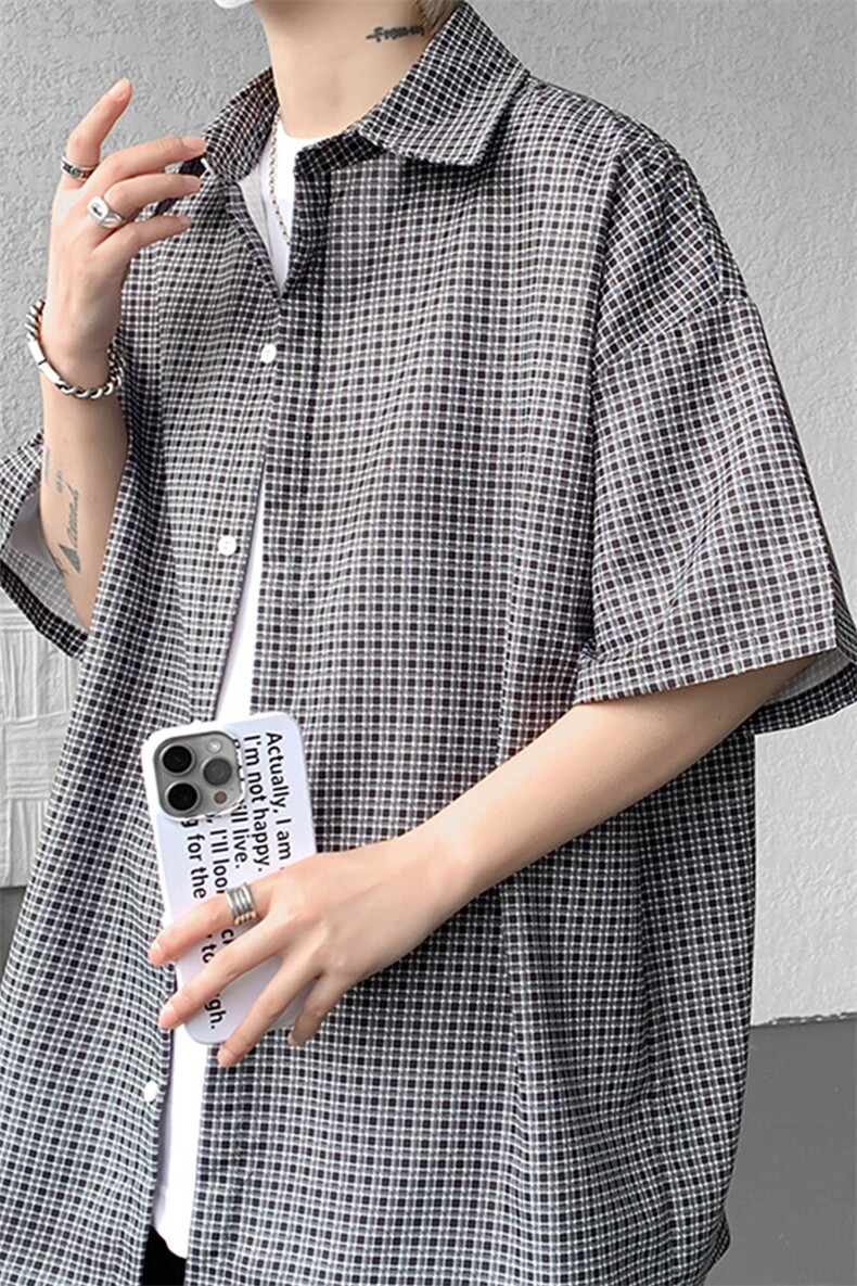 8XL-M短袖衬衫男夏宽松慵懒风痞帅条纹格子衫半袖外套DC28005P40,男装衬衫,电商B312